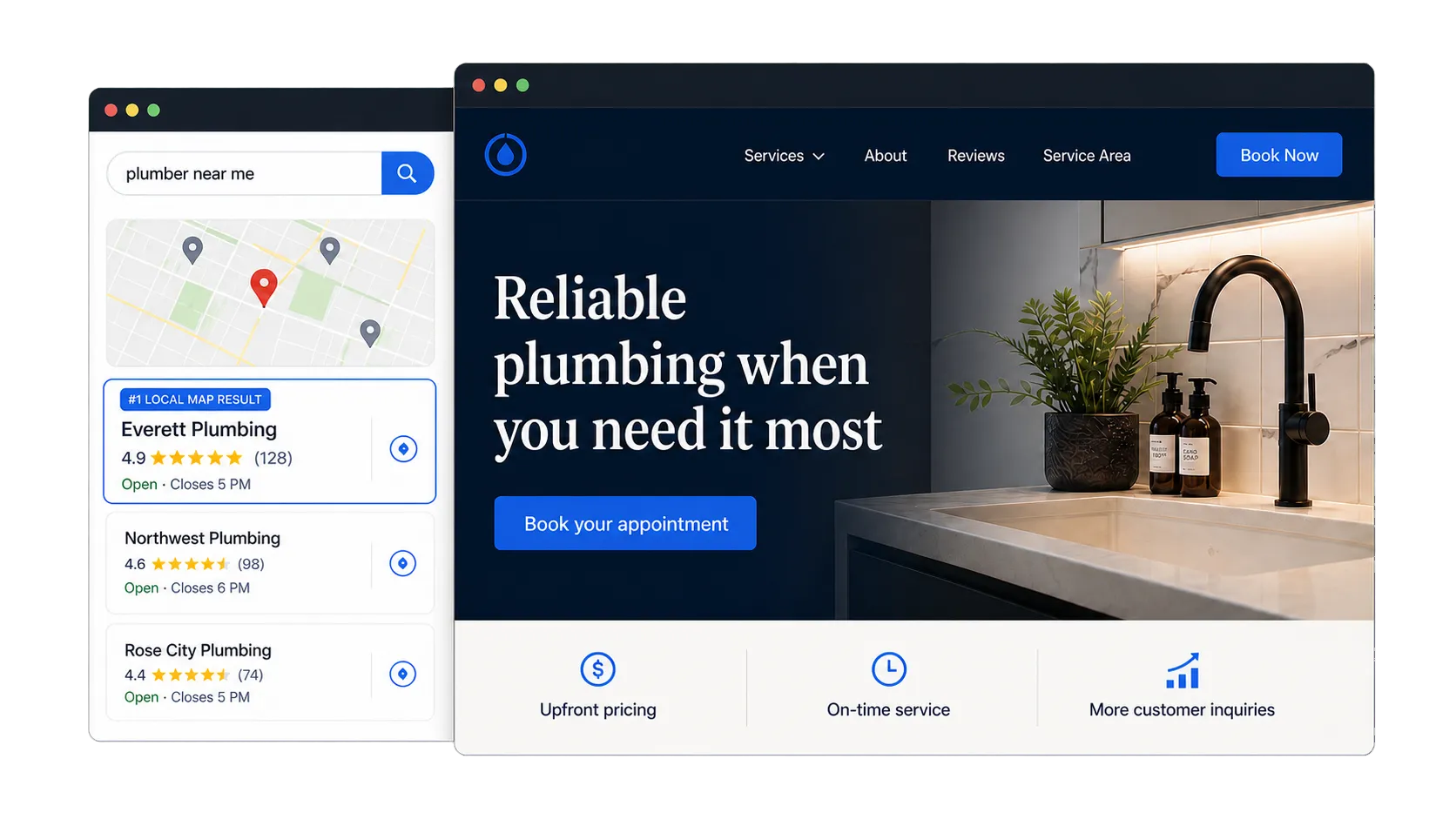 Illustration showing local search, a service website, customer reviews, and a completed booking path