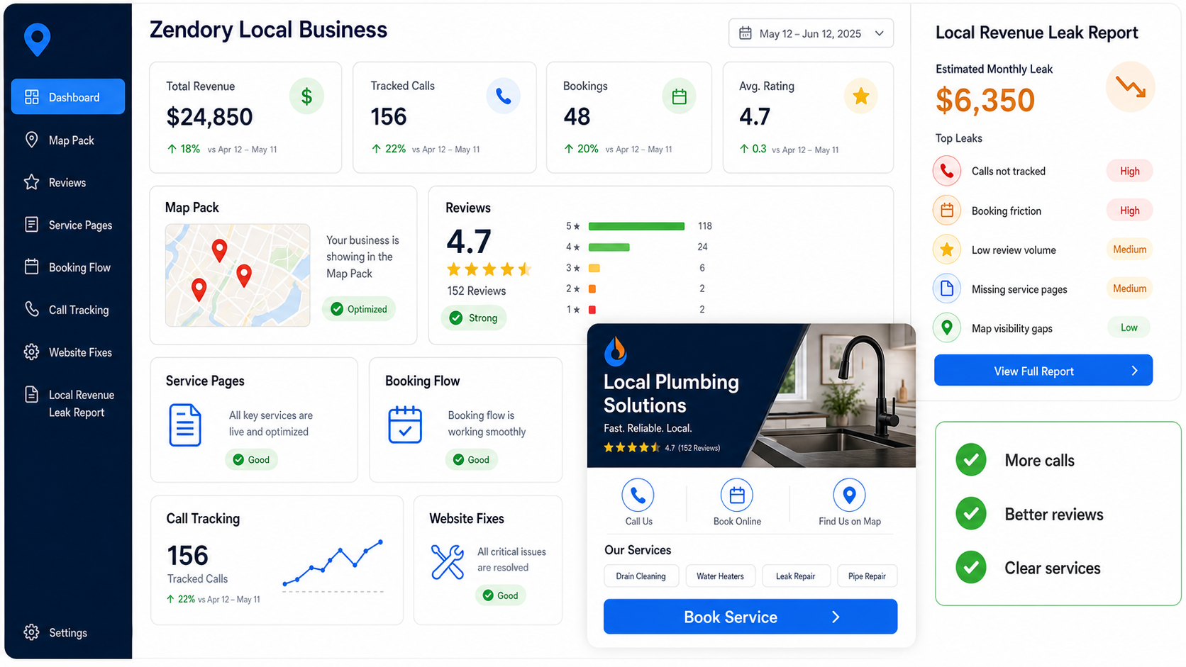 Zendory Local Business dashboard showing Maps, reviews, service pages, booking flow, call tracking, website fixes, and local revenue leak report
