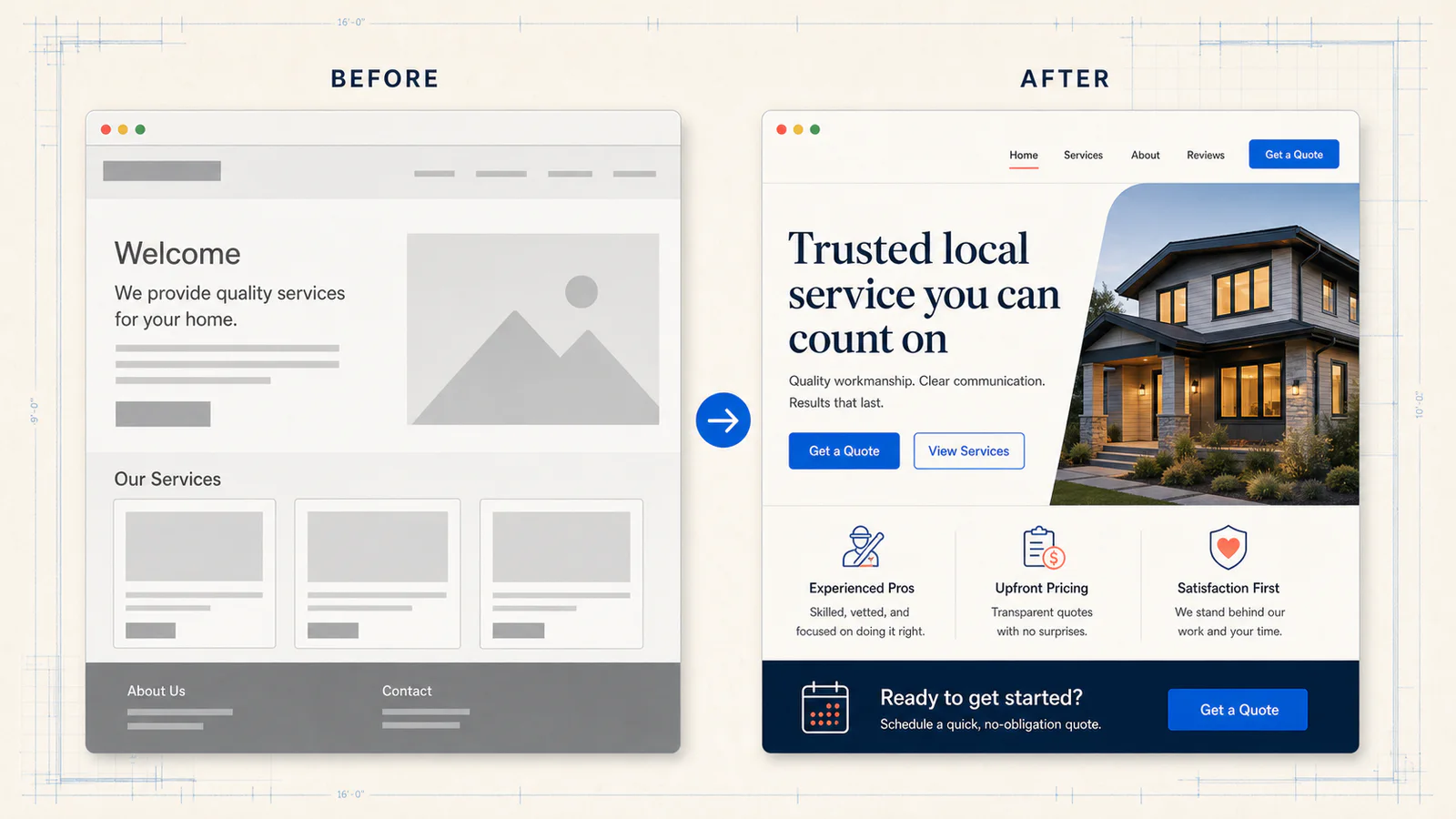 Generated before-and-after comparison of a generic local-service website and a clearer conversion-focused redesign